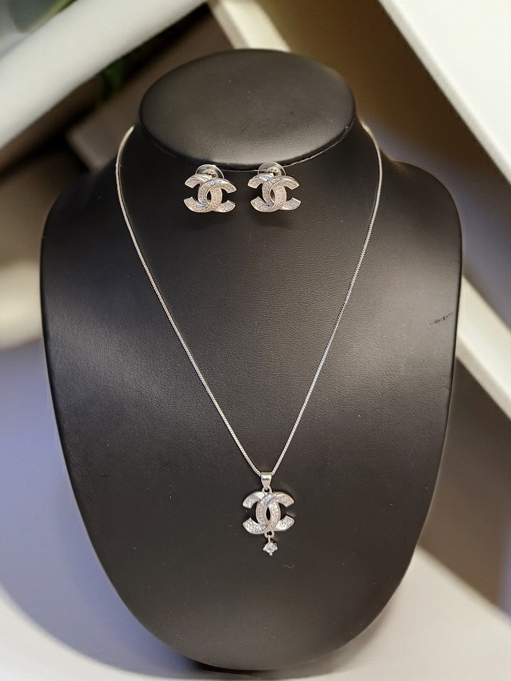 Silver Crystal CC Pendant Necklace with Matching CC Stud Earrings